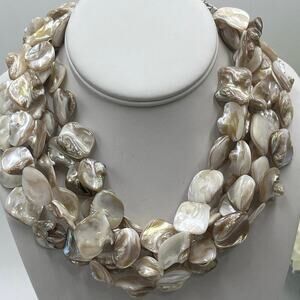 Kenneth Lane Signed Multi Strand Neutrals Mother of Pearl and Shell Necklace‎